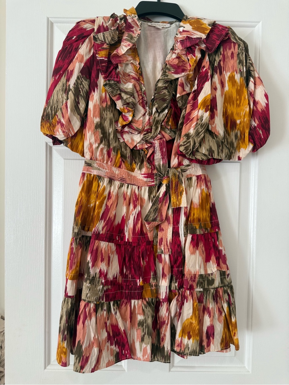 Anthropologie Ruffled Wrap Mini Dress in Pink, Mustard & Olive